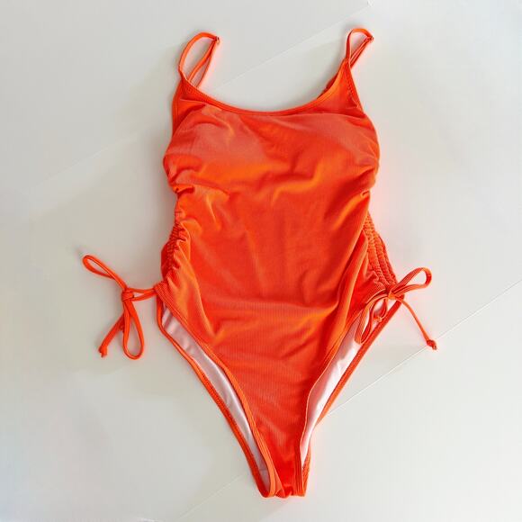 [Viottiset] Neon Orange Ribbed Ruched High Cut Cheeky One-Piece Swimsuit Size XL - Picture 2 of 11